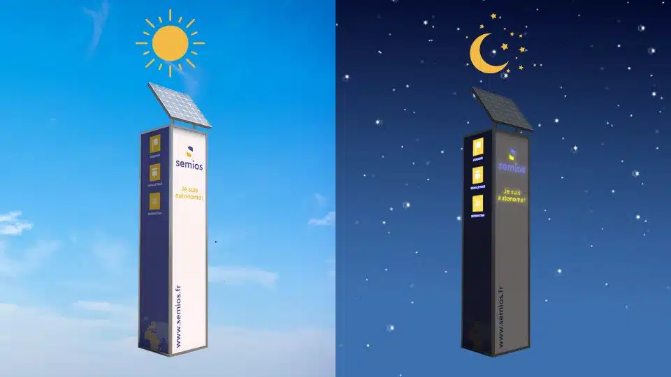 vue jour et nuit d'un totem lumineux solaire -semiosun cube